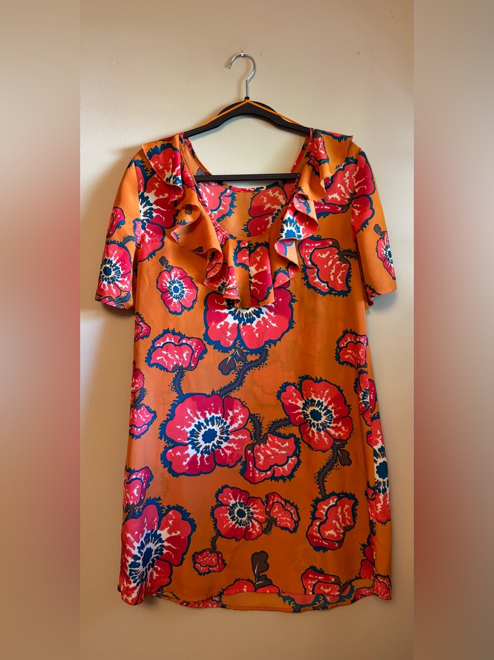 Tucker Vibrant Orange Floral Dress with Coral and Blue Accents